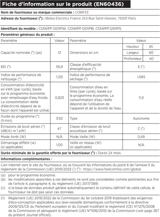 COMFEE' CDWPF1201PS | Lave-vaisselle Pose Libre 12 Couverts – Image 9