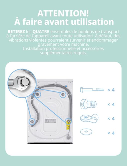 COMFEE Lave-linge Frontal 8kg Compact - Moteur BLDC Anti-Vibration 1400 tr/min, 15 Programmes + Vapeur, Classe A, Profondeur 48cm CFE12EW80-W-FR – Image 2