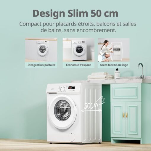 COMFEE Lave-linge Frontal 9kg Compact - Moteur BLDC Anti-Vibration 1400 tr/min, 15 Programmes + Vapeur, Classe A, Profondeur 50cm CFE12EW90-W – Image 4