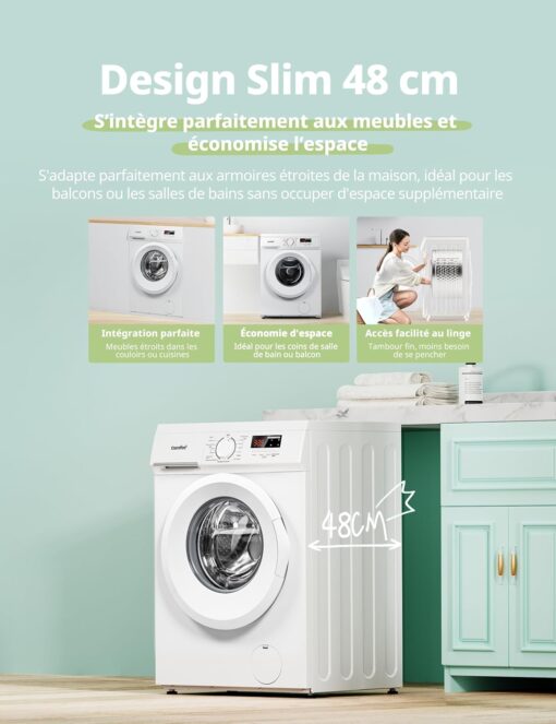 COMFEE Lave-linge Frontal 8kg Compact - Moteur BLDC Anti-Vibration 1400 tr/min, 15 Programmes + Vapeur, Classe A, Profondeur 48cm CFE12EW80-W-FR – Image 4