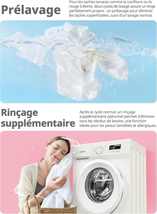 COMFEE Lave-linge Frontal 8kg Compact - Moteur BLDC Anti-Vibration 1400 tr/min, 15 Programmes + Vapeur, Classe A, Profondeur 48cm CFE12EW80-W-FR – Image 7