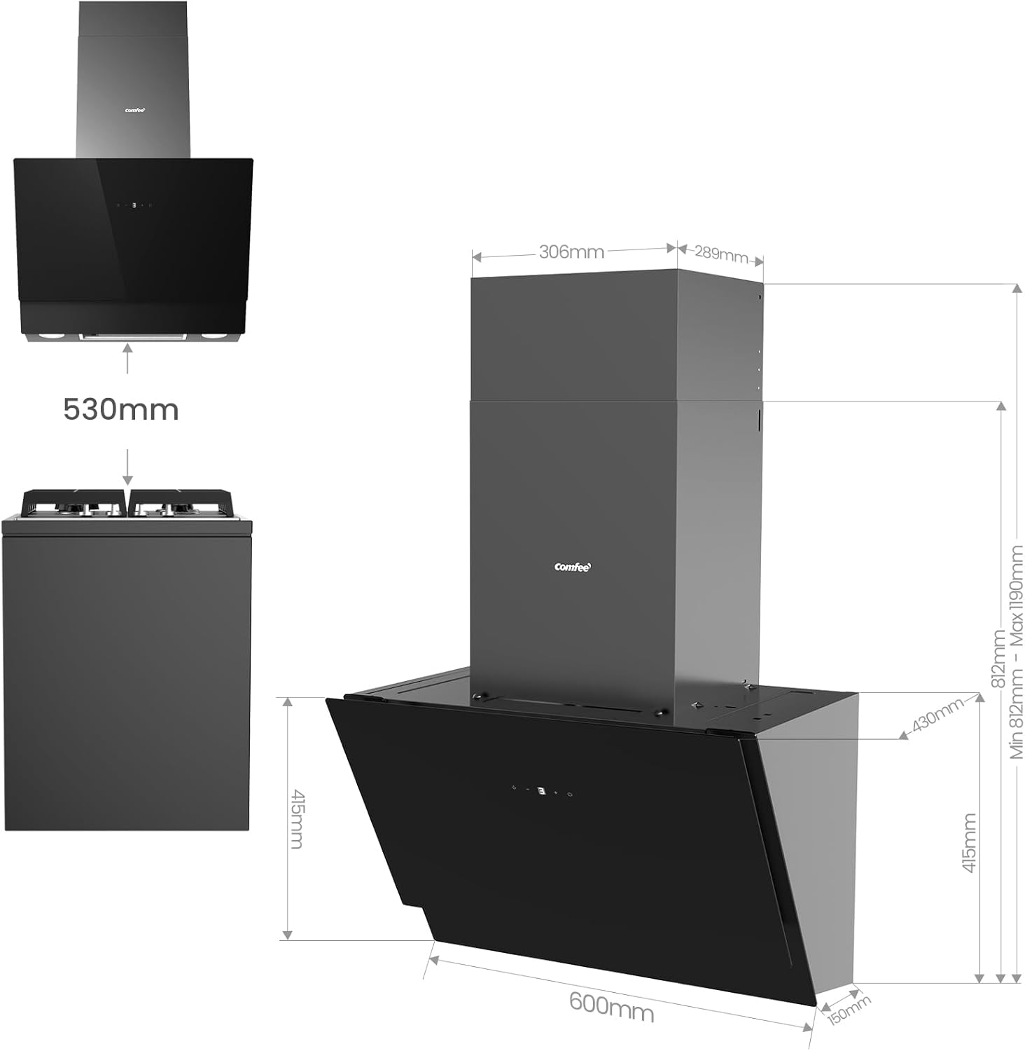 COMFEE A+++ Dunstabzugshaube 60cm CHK 7.6J72A3B 650m³/h Wandhauben aus gehärtetem Glas & Edelstahl, Touch & Gestensteuerung, 4 Geschwindigkeiten, LED – Bild 8