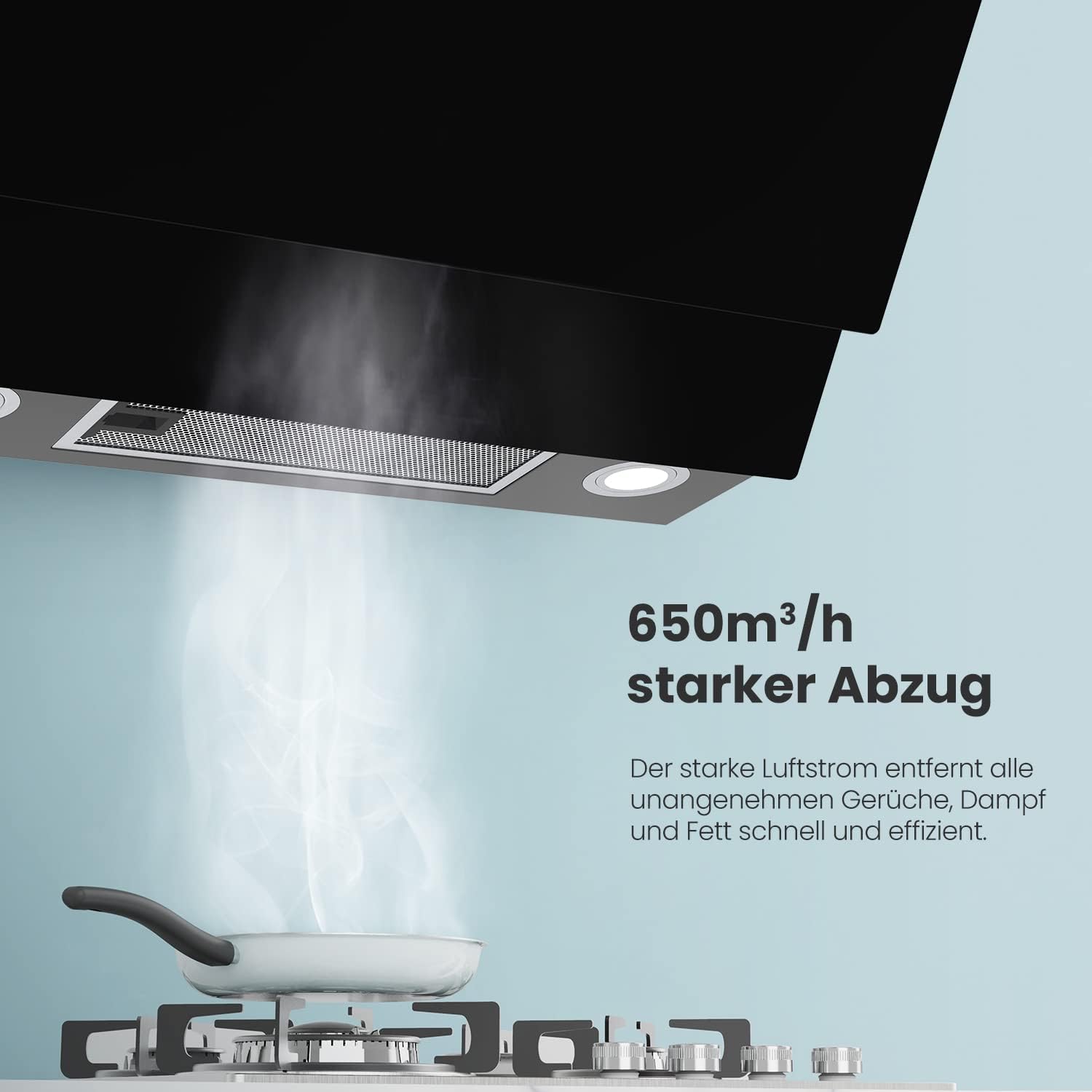 COMFEE A+++ Dunstabzugshaube 60cm CHK 7.6J72A3B 650m³/h Wandhauben aus gehärtetem Glas & Edelstahl, Touch & Gestensteuerung, 4 Geschwindigkeiten, LED – Bild 7