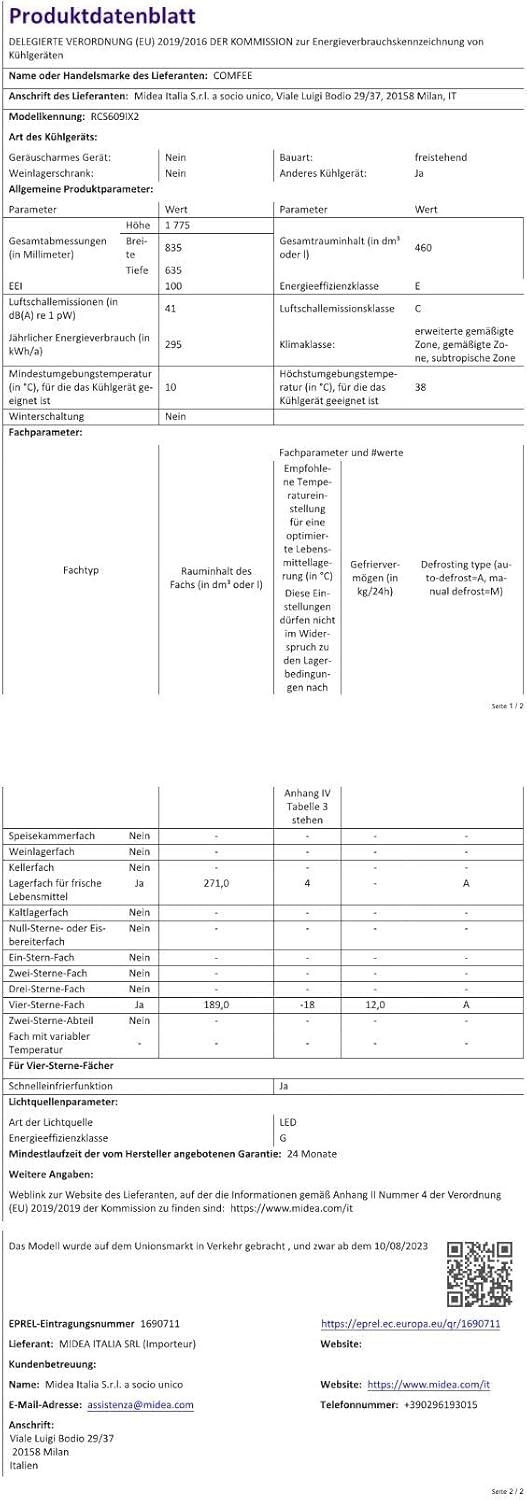 Side-by-Side Kühlschrank Comfee RCS609IX2 – No Frost, Inverter, 460L, Doppelte Temperaturkontrolle – Edelstahl – Bild 10