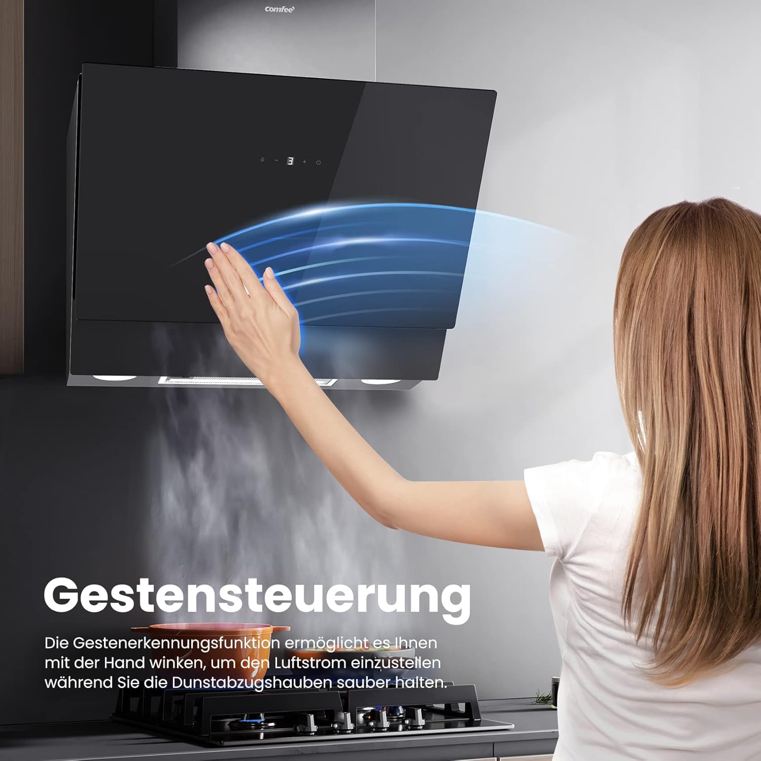 COMFEE A+++ Dunstabzugshaube 60cm CHK 7.6J72A3B 650m³/h Wandhauben aus gehärtetem Glas & Edelstahl, Touch & Gestensteuerung, 4 Geschwindigkeiten, LED – Bild 5