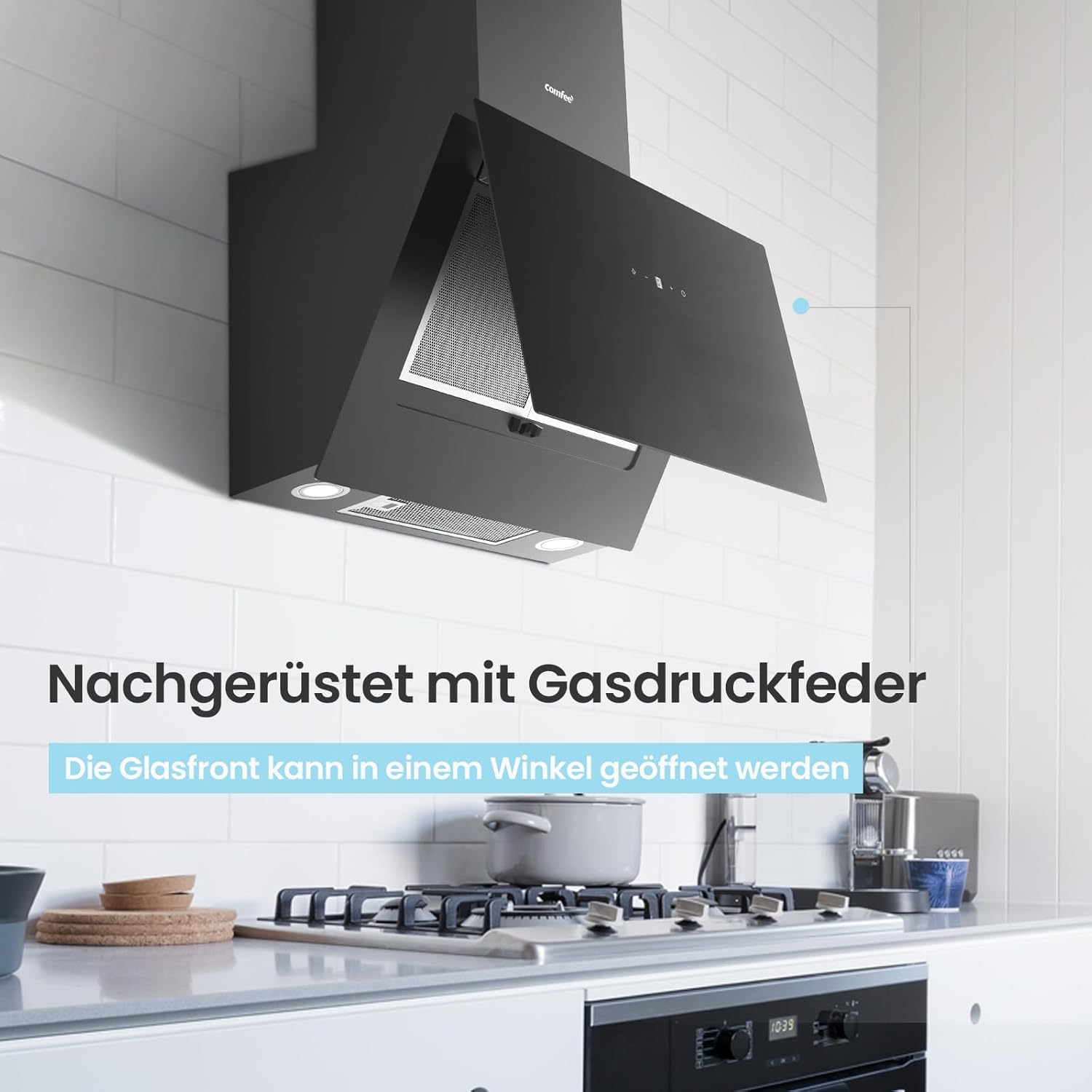 COMFEE A+++ Dunstabzugshaube 60cm CHK 7.6J72A3B 650m³/h Wandhauben aus gehärtetem Glas & Edelstahl, Touch & Gestensteuerung, 4 Geschwindigkeiten, LED – Bild 6