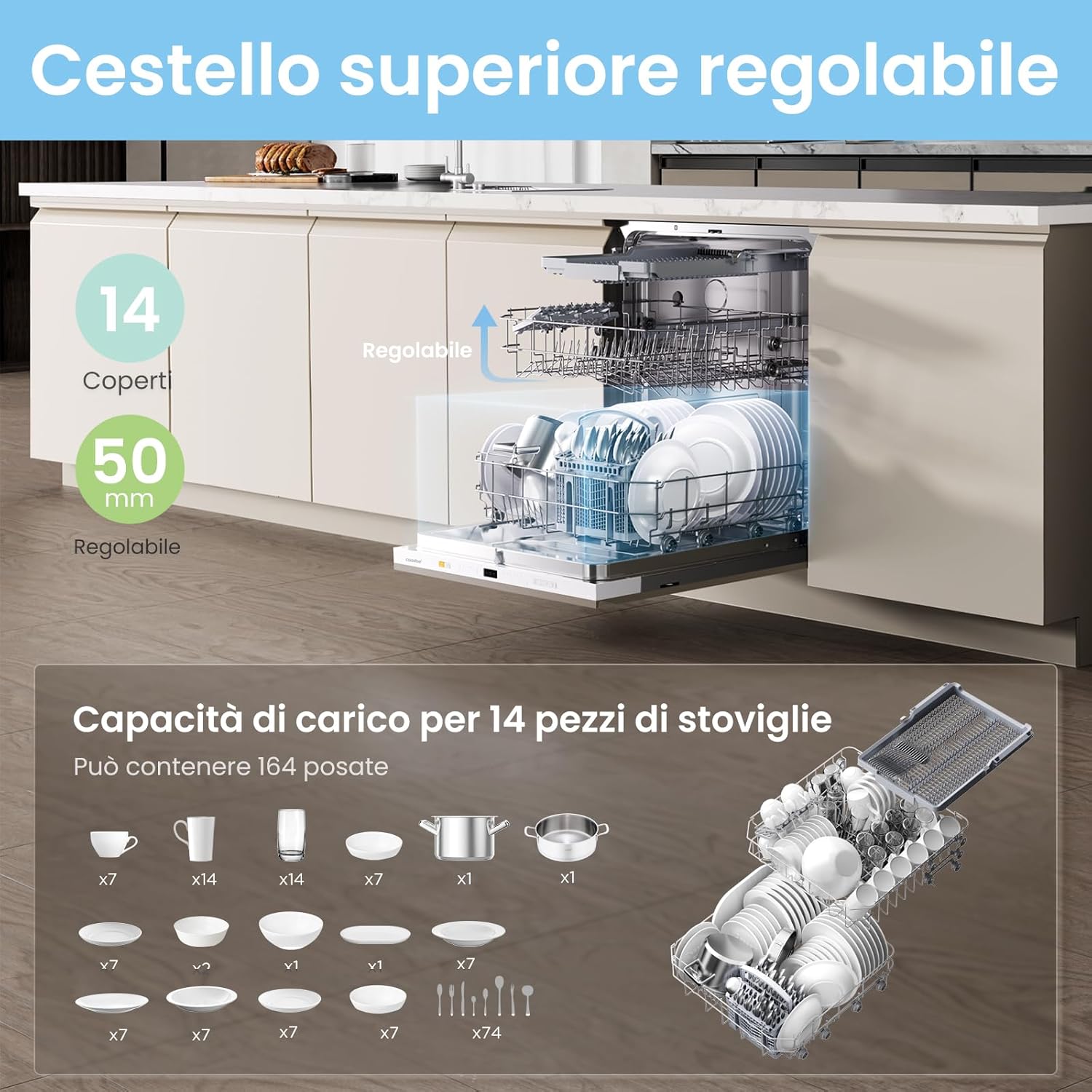 COMFEE CDWPB1415P(S)-W-EU | Lavastoviglie da Incasso 14 Coperti, IoT MSmartHome, Funzione Mezzo Carico, Asciugatura Extra – Inox - immagine 9