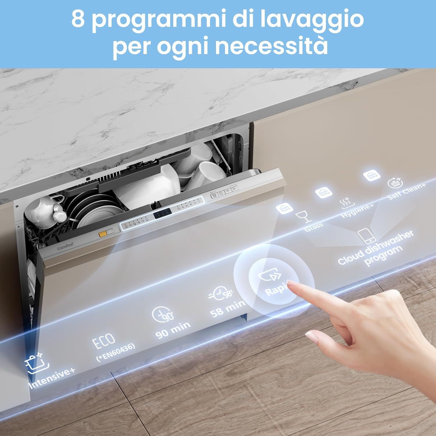 COMFEE CDWPB1415P(S)-W-EU | Lavastoviglie da Incasso 14 Coperti, IoT MSmartHome, Funzione Mezzo Carico, Asciugatura Extra – Inox - immagine 7