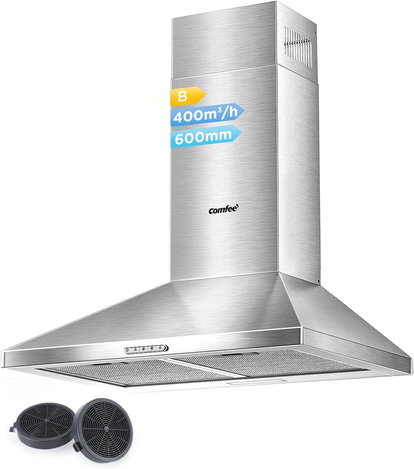 COMFEE PYRA17SS-90 | Cappa Aspirante 90 cm in Acciaio Inossidabile con LED, Tre Velocità e Doppia Modalità di Aspirazione