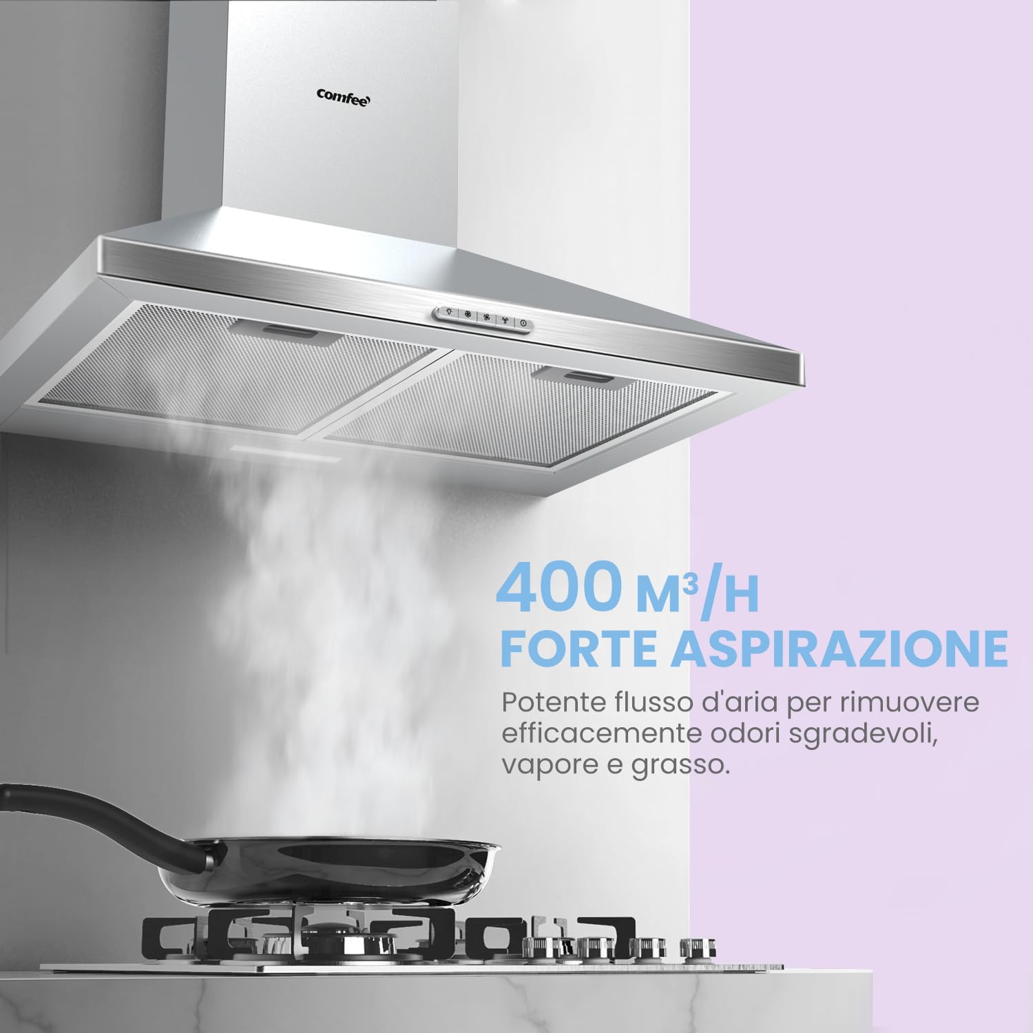 COMFEE PYRA17SS-90 | Cappa Aspirante 90 cm in Acciaio Inossidabile con LED, Tre Velocità e Doppia Modalità di Aspirazione - immagine 6