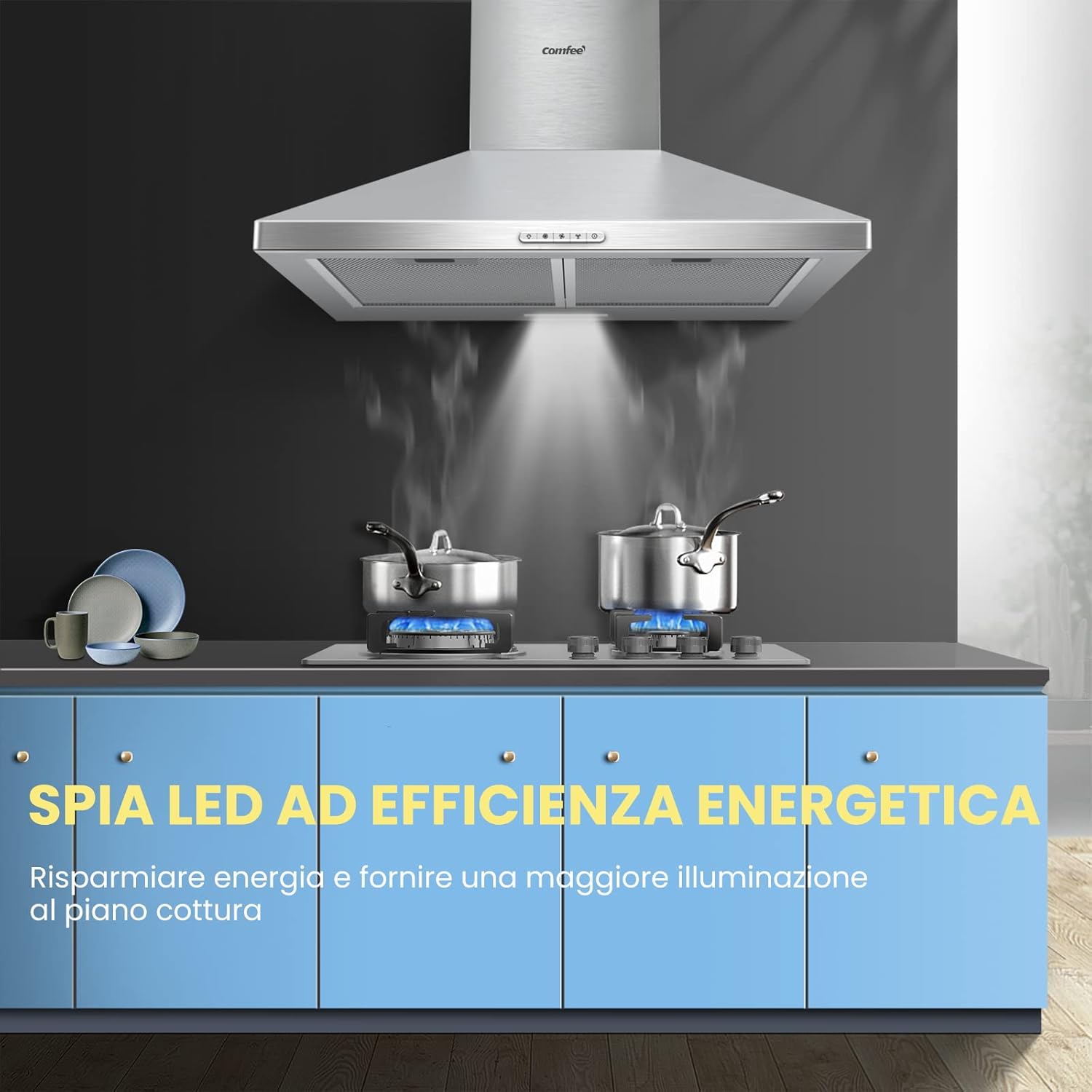 COMFEE PYRA17SS-90 | Cappa Aspirante 90 cm in Acciaio Inossidabile con LED, Tre Velocità e Doppia Modalità di Aspirazione - immagine 2