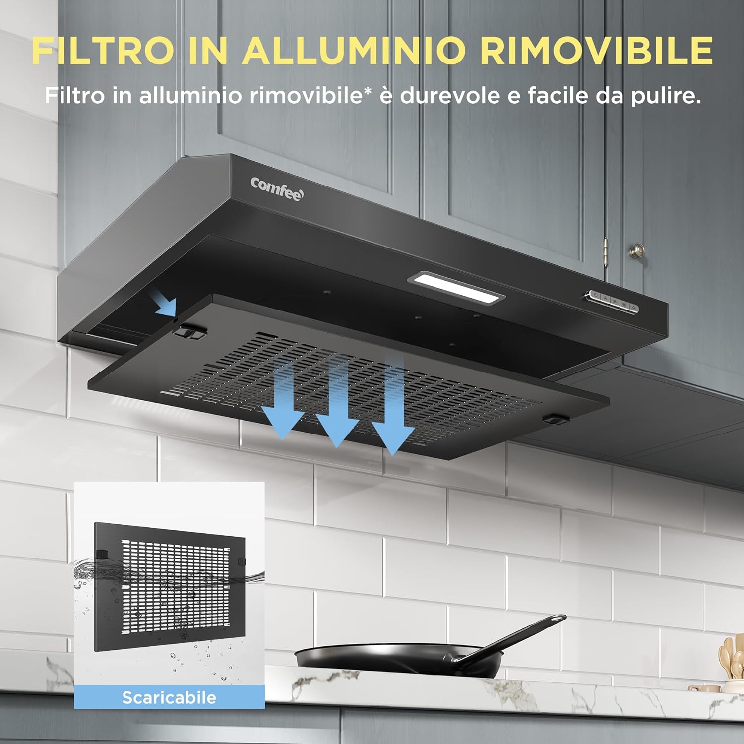 COMFEE CHU 3.6F17BB | Unterbau Dunstabzugshaube 60cm | 200 m³/h, LED | Schwarz – Bild 3