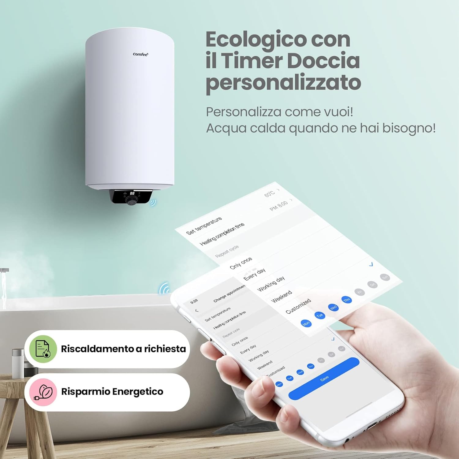 COMFEE D50-15EFG | Scaldabagno Elettrico Smart 50 L Wi-Fi, Programmi, Sterilizzazione, Classe B - immagine 7