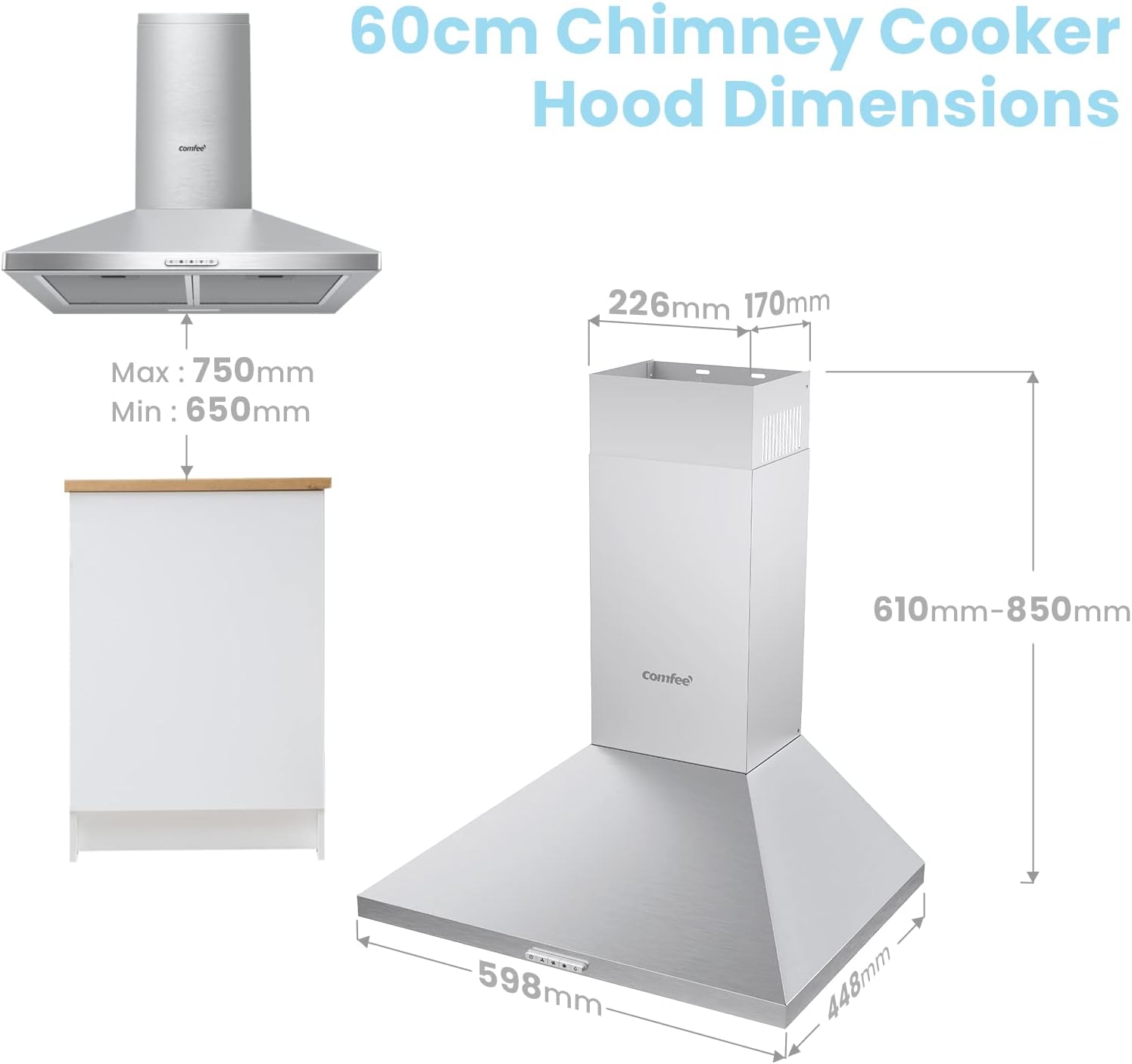 COMFEE KWH-PYRA17SS-60 Chimney Cooker Hood 60cm | Silver Wall Mounted Extractor Fan - Image 3