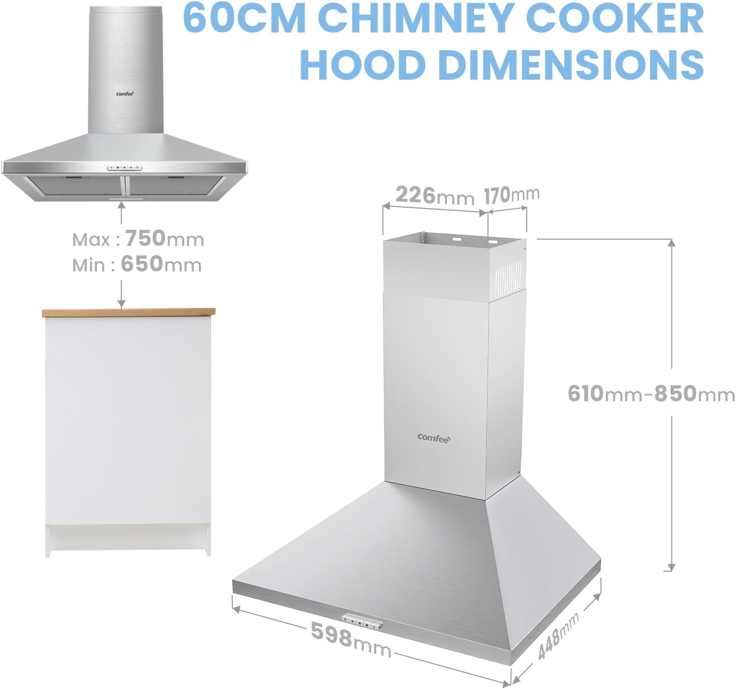COMFEE 60cm Chimney Cooker Hood | A++ Stainless Steel Extractor with 400m³/h Suction & LED Lights - Image 5
