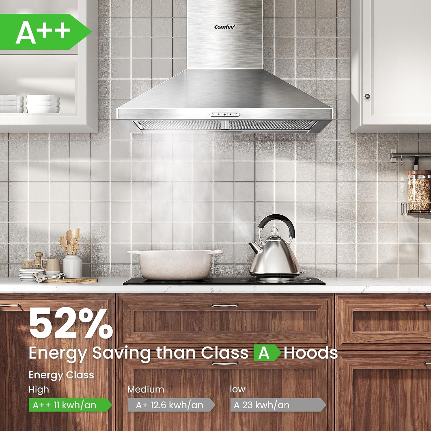 COMFEE 60cm Chimney Cooker Hood | A++ Stainless Steel Extractor with 400m³/h Suction & LED Lights - Image 9