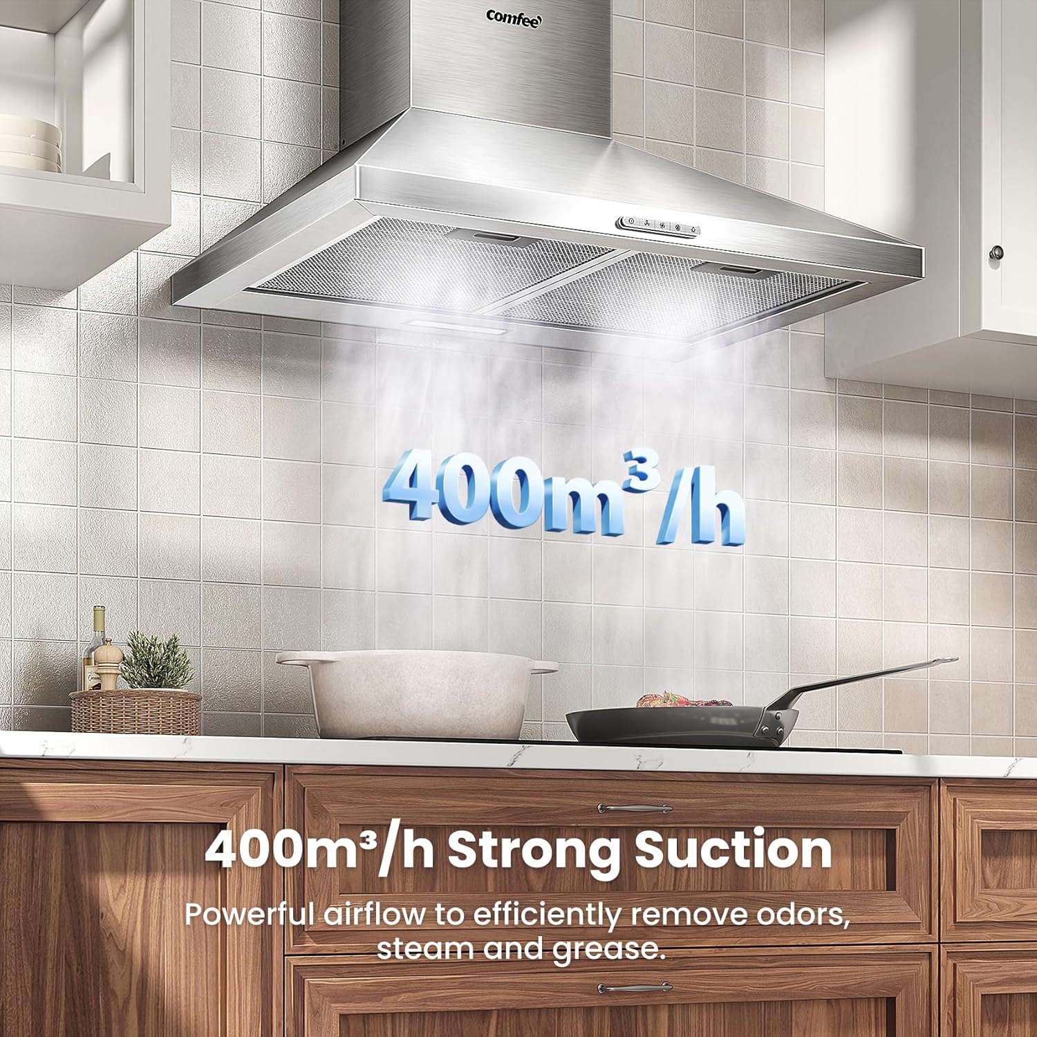COMFEE 60cm Chimney Cooker Hood | A++ Stainless Steel Extractor with 400m³/h Suction & LED Lights - Image 3