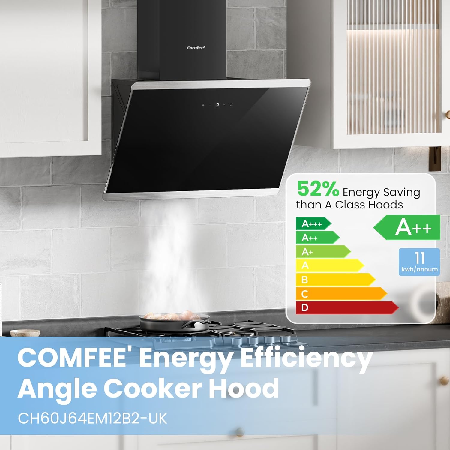 COMFEE 60cm Angled Cooker Hood | A++ Energy Class Black Glass Extractor - Image 4