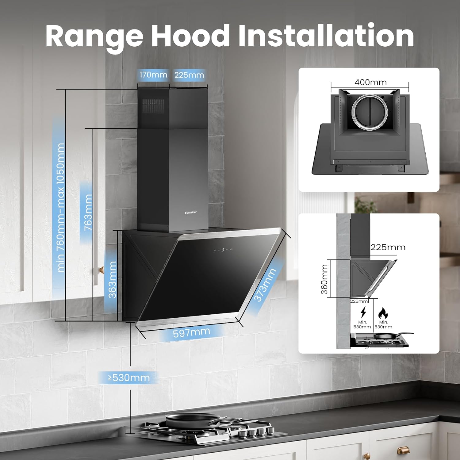 COMFEE 60cm Angled Cooker Hood | A++ Energy Class Black Glass Extractor - Image 9