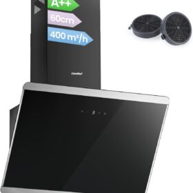 COMFEE 60cm Angled Cooker Hood | A++ Energy Class Black Glass Extractor