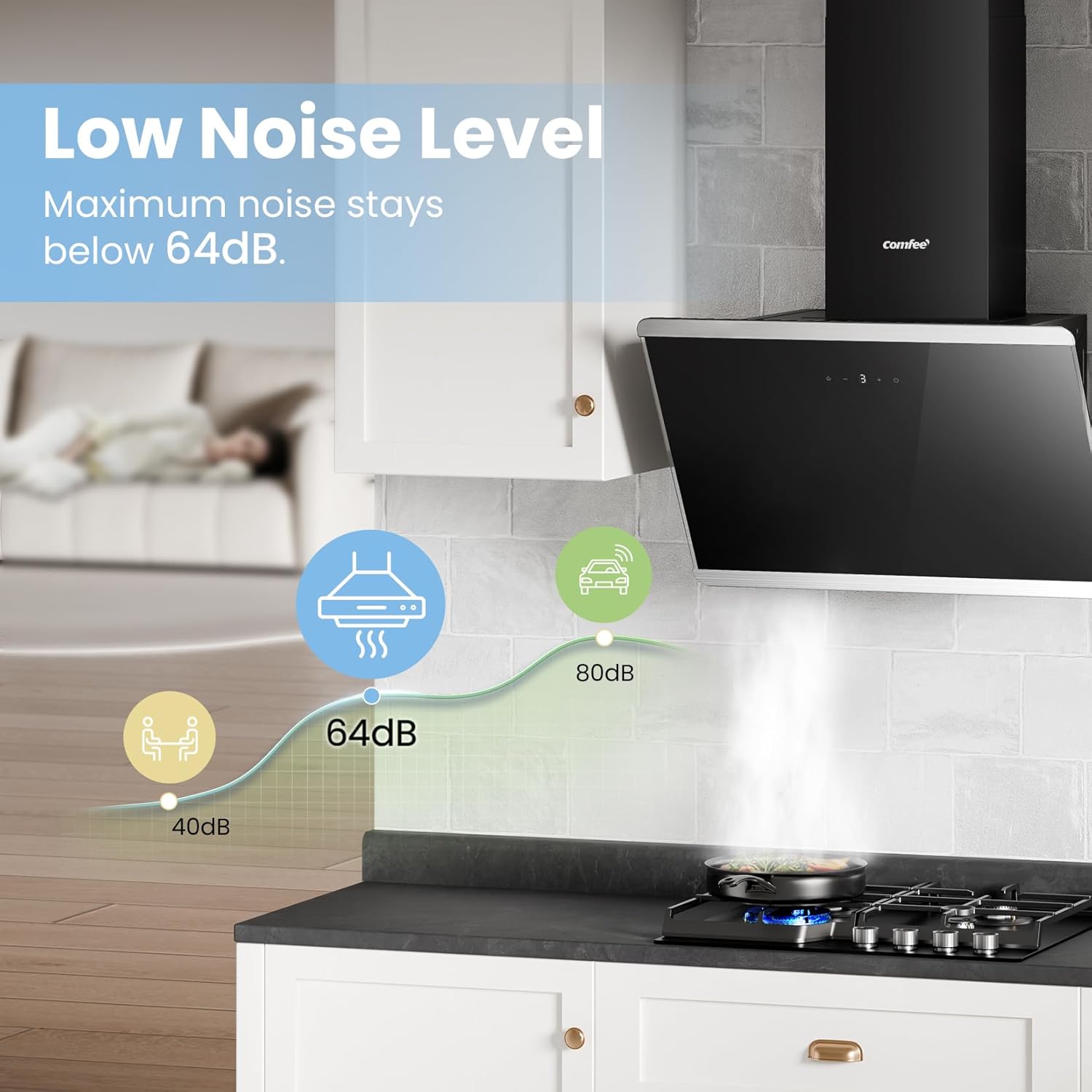 COMFEE 60cm Angled Cooker Hood | A++ Energy Class Black Glass Extractor - Image 7