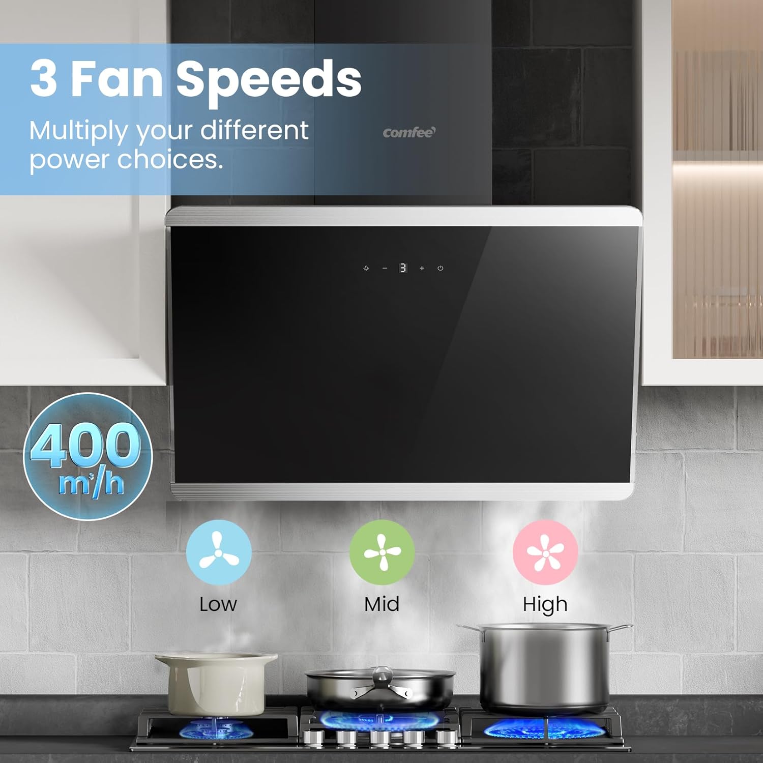 COMFEE 60cm Angled Cooker Hood | A++ Energy Class Black Glass Extractor - Image 2