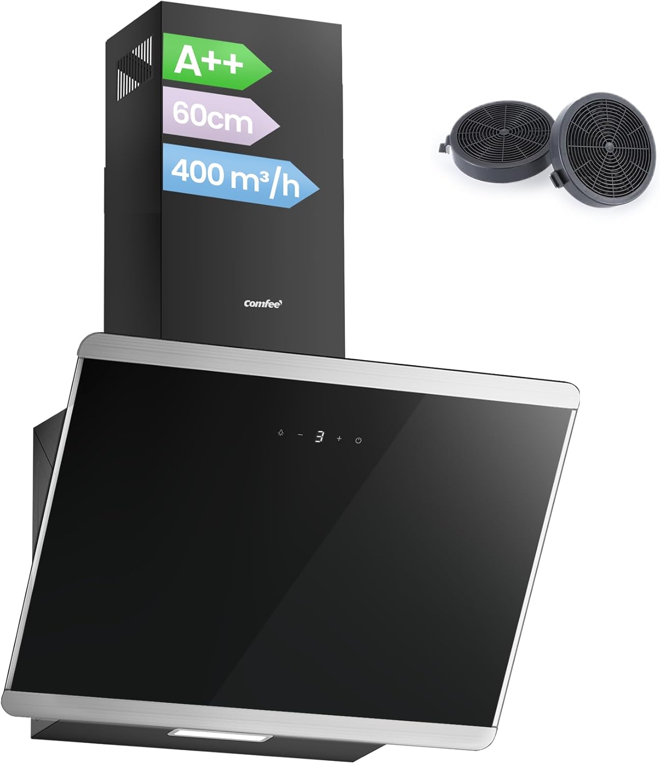 COMFEE 60cm Angled Cooker Hood | A++ Energy Class Black Glass Extractor