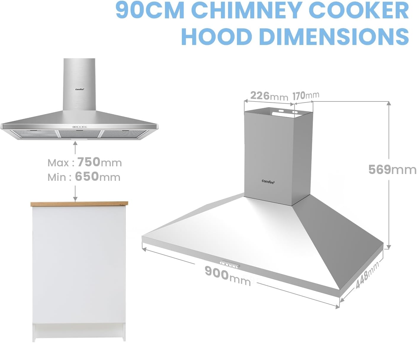 COMFEE 90cm Chimney Cooker Hood A++ | Stainless Steel Extractor - Image 3