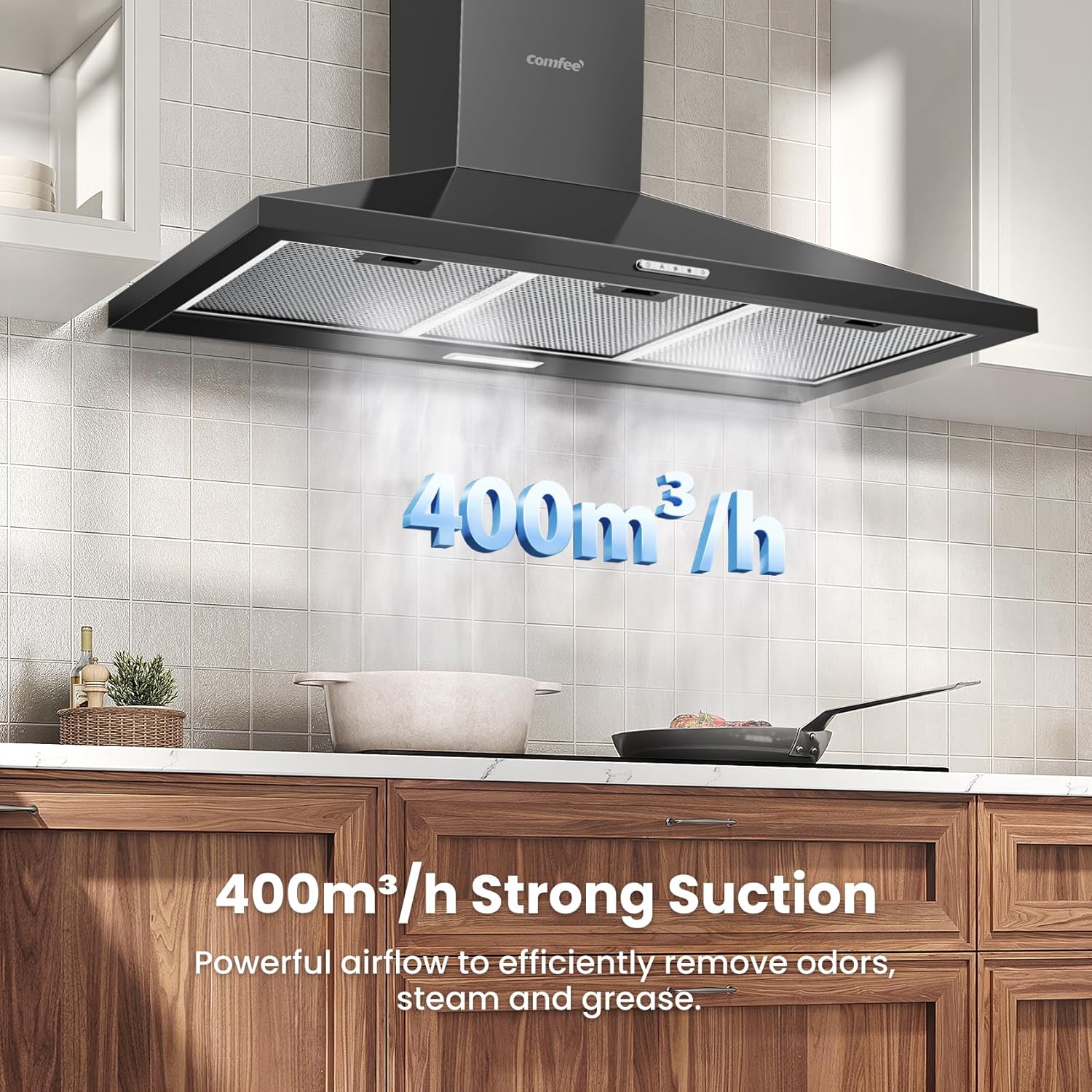 COMFEE 90cm Black Chimney Cooker Hood PYRA17B-90 | 400m³/h - Image 10