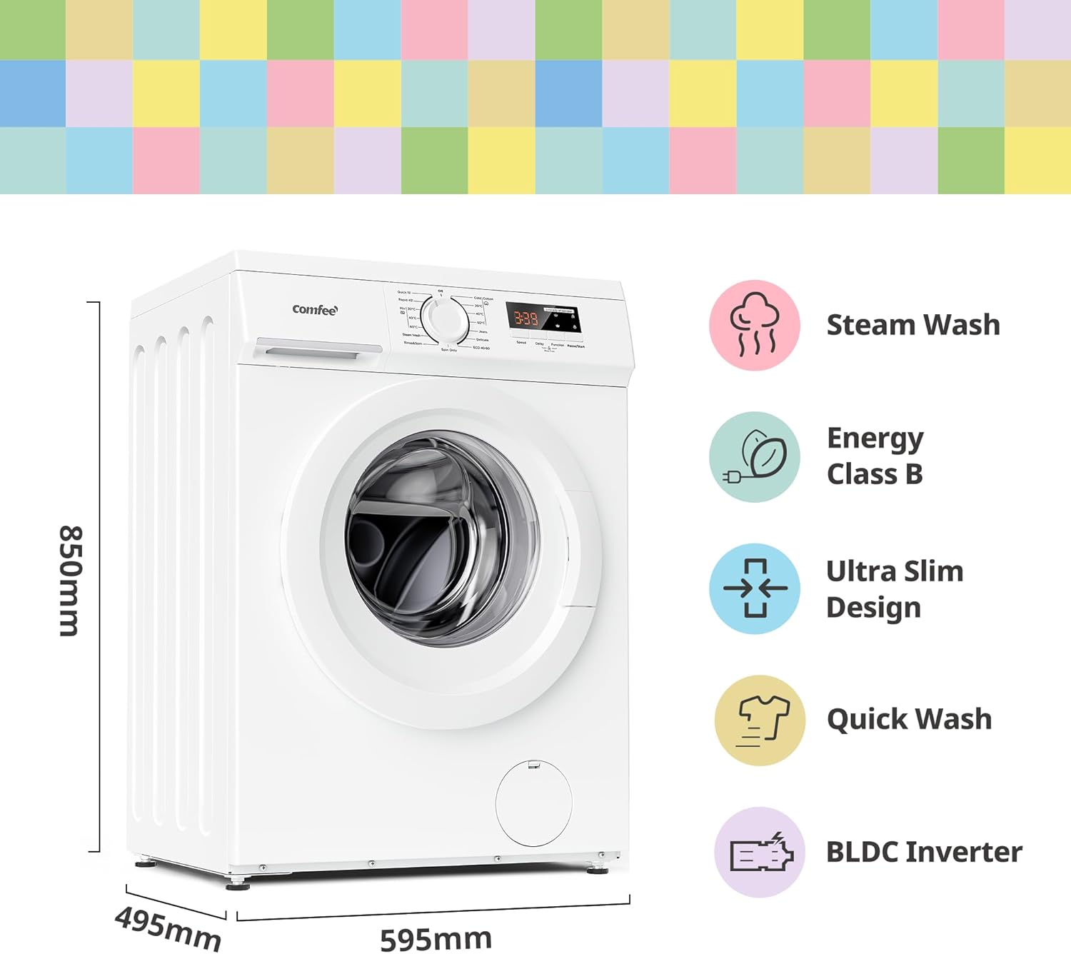 COMFEE' 9KG Freestanding Washing Machine | 1400RPM Steam Wash with BLDC Inverter Motor - Image 2