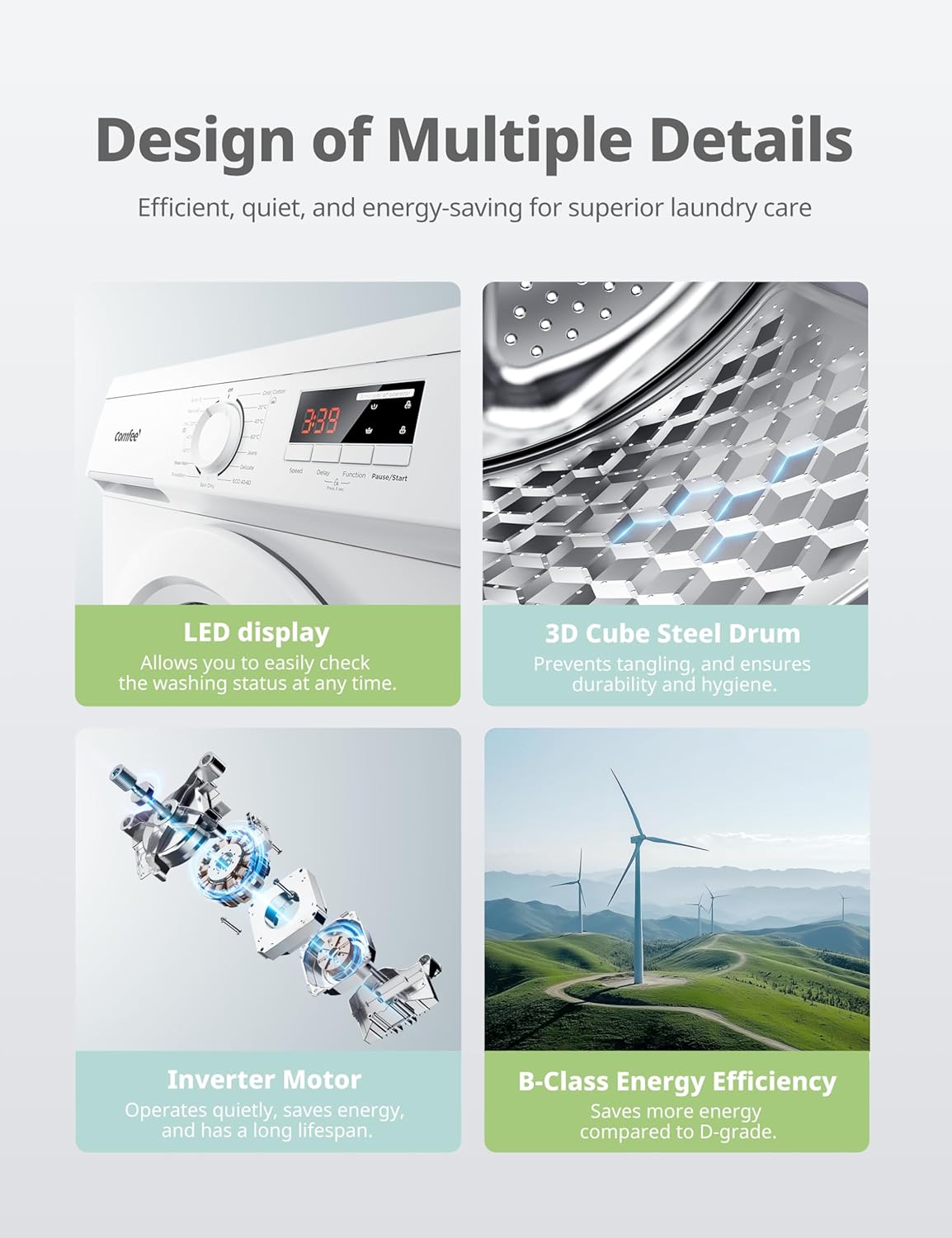 COMFEE' 9KG Freestanding Washing Machine | 1400RPM Steam Wash with BLDC Inverter Motor - Image 7