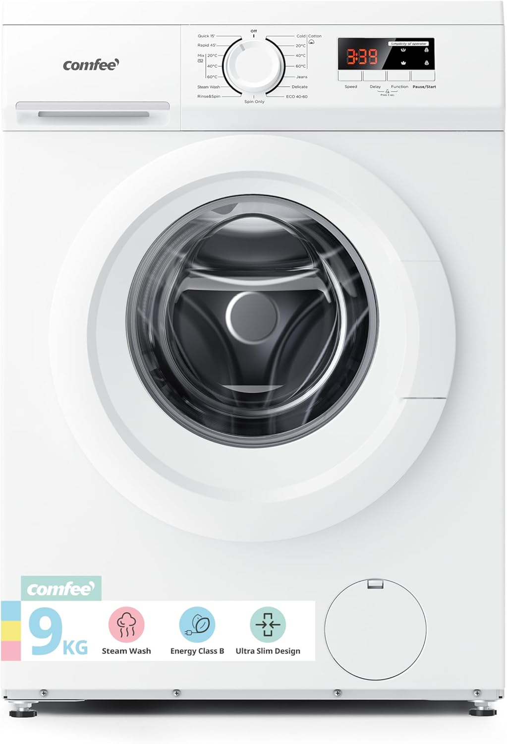 COMFEE' 9KG Freestanding Washing Machine | 1400RPM Steam Wash with BLDC Inverter Motor