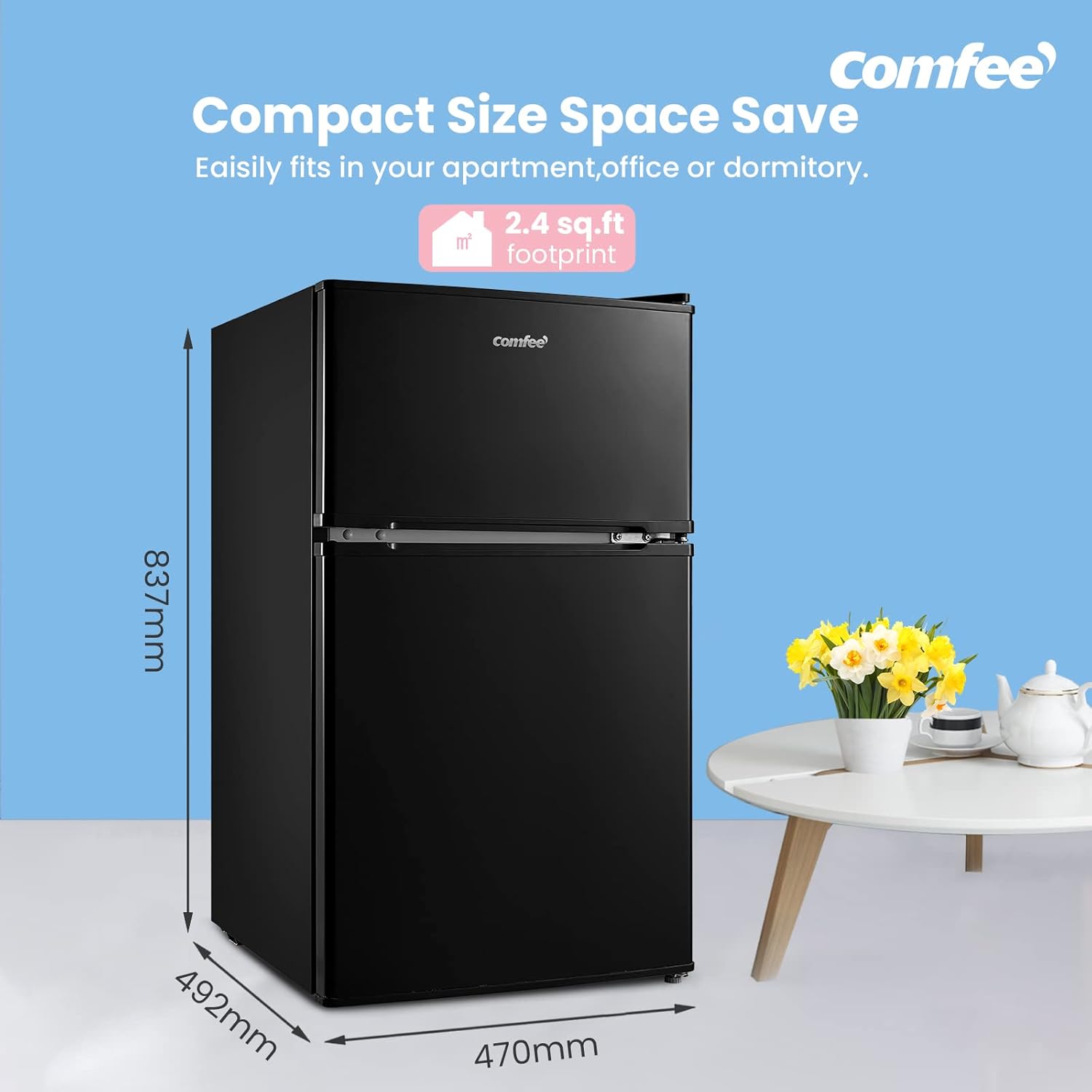 COMFEE RCT87WH1(E) | 87L Compact Under Counter Fridge Freezer - Freezer-on-Top Black - Image 3