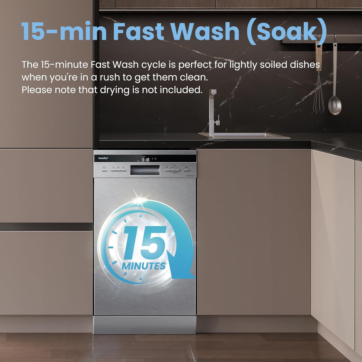 COMFEE' Slimline 45cm Stainless Steel | 44dB Quiet Dishwasher - Image 3