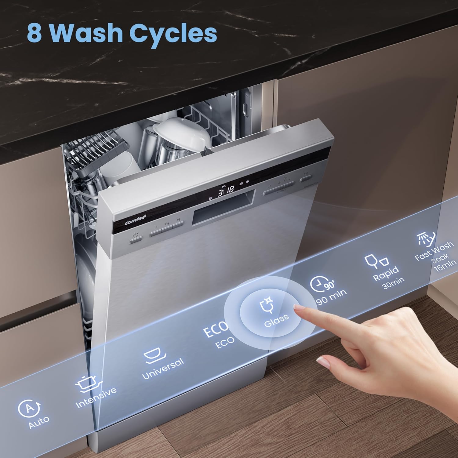 COMFEE' Slimline 45cm Stainless Steel | 44dB Quiet Dishwasher - Image 5