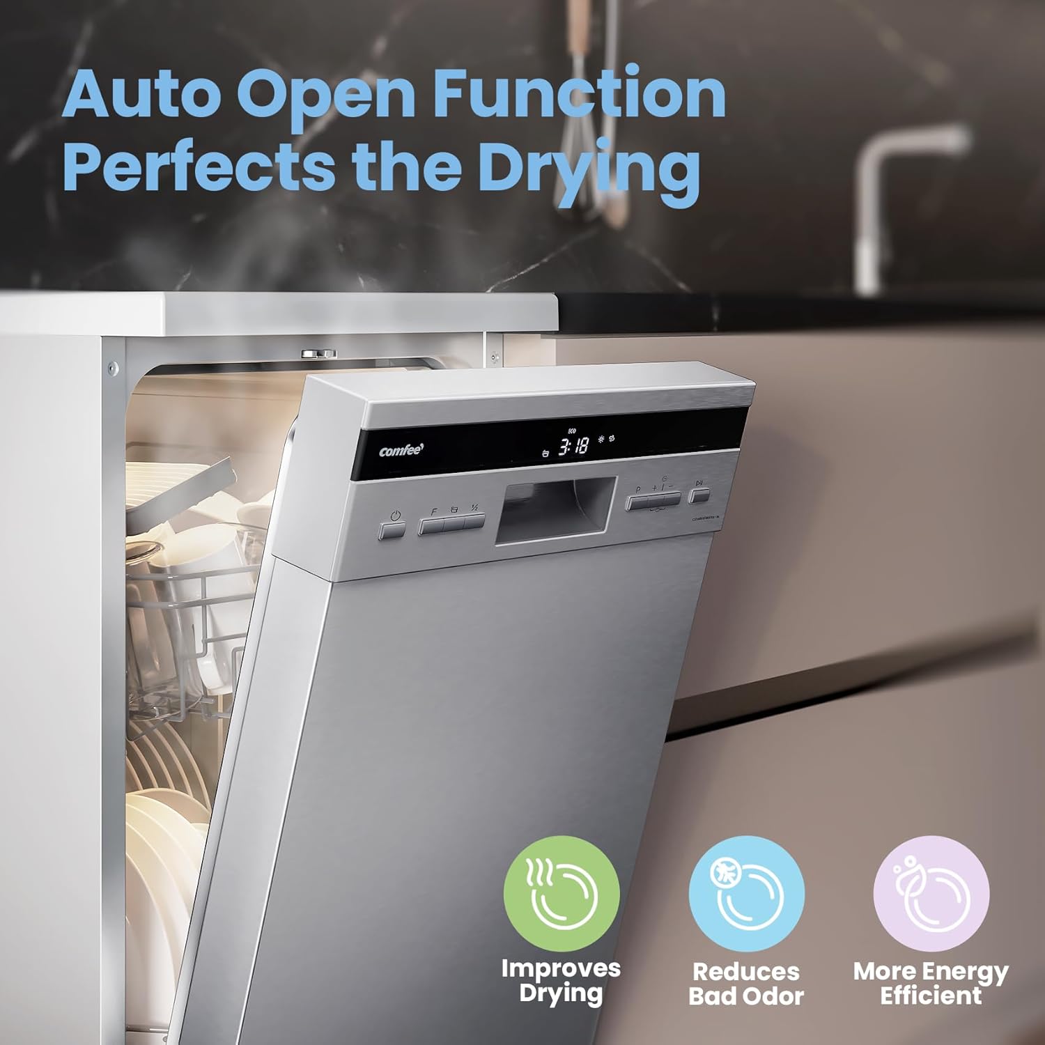 COMFEE' Slimline 45cm Stainless Steel | 44dB Quiet Dishwasher - Image 6