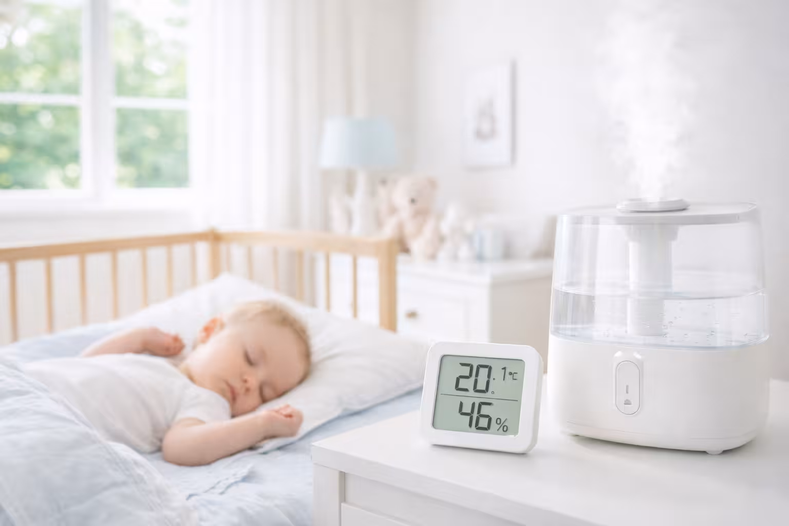Chambre de bébé avec humidificateur d'air pour maintenir un taux d'humidité idéal entre 40 et 50 %
