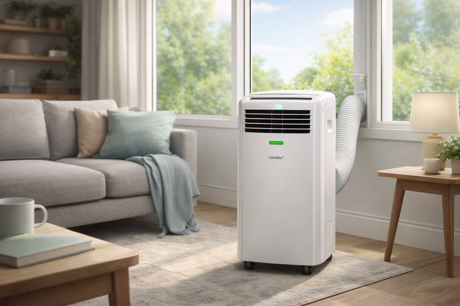 Climatiseur mobile Comfee dans le salon connecté à l'évacuation par la fenêtre — emplacement idéal