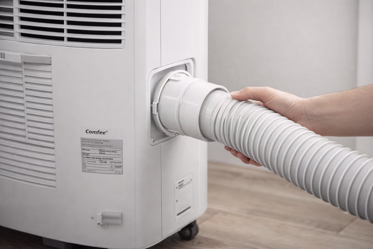 Connexion de la gaine d'évacuation au climatiseur mobile Comfee — raccordement du tuyau à l'arrière