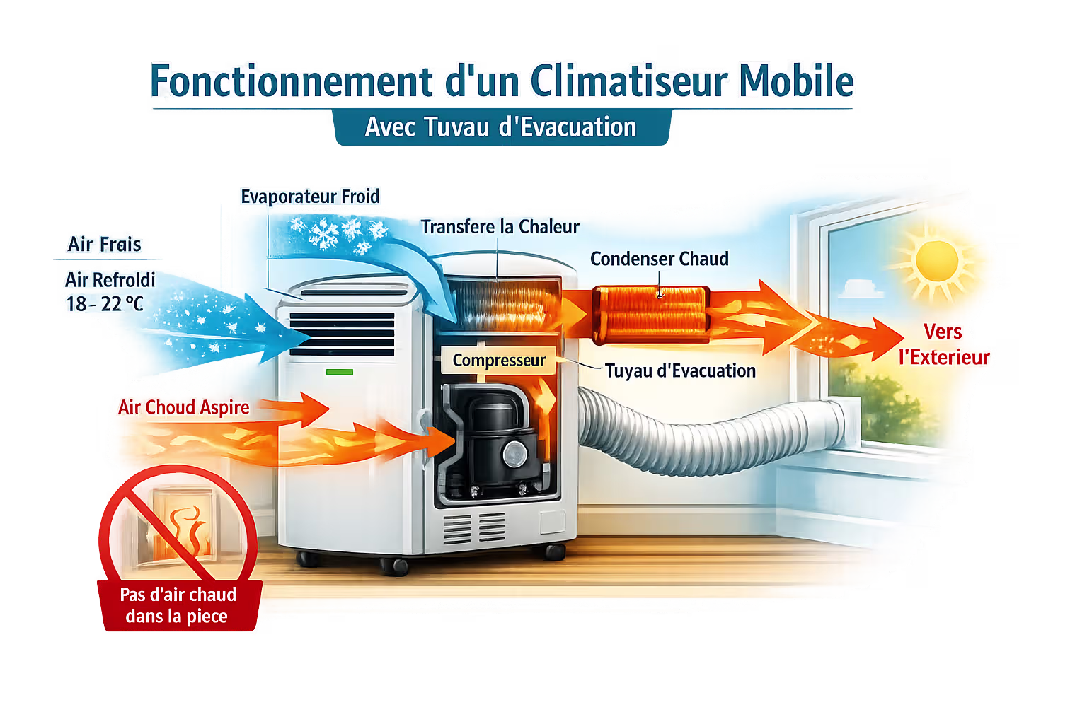 Fonctionnement d'un climatiseur mobile avec tuyau d'évacuation — schéma du circuit d'air chaud et froid