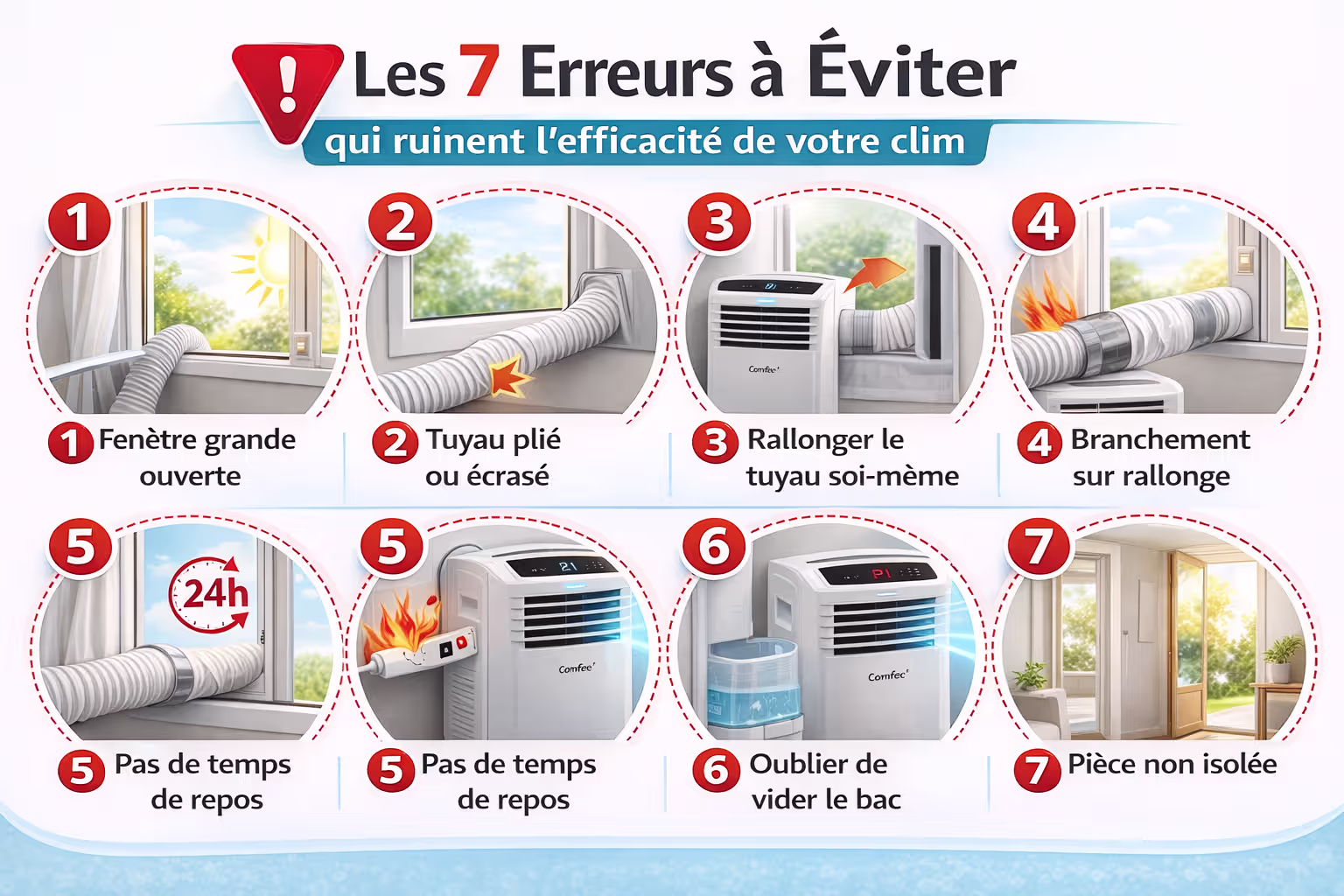 Les 7 erreurs à éviter avec votre climatisation mobile — fenêtre ouverte, tuyau plié, rallonge