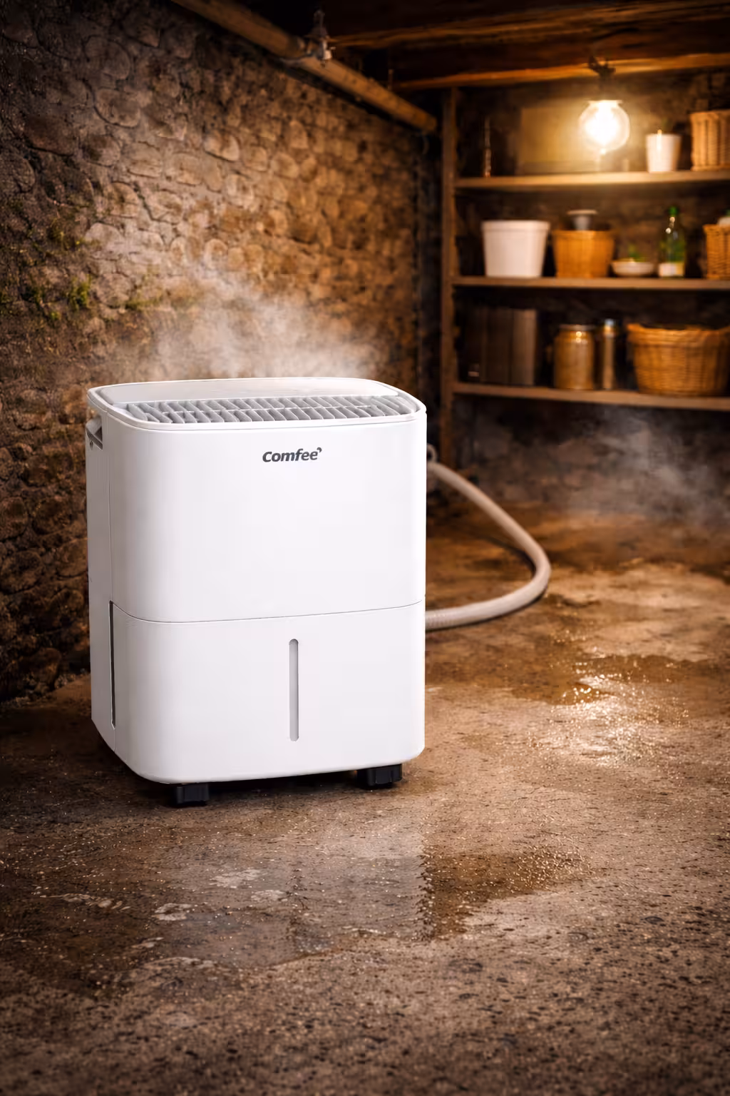 Déshumidificateur Comfee installé dans une cave humide pour réduire l'humidité du sous-sol