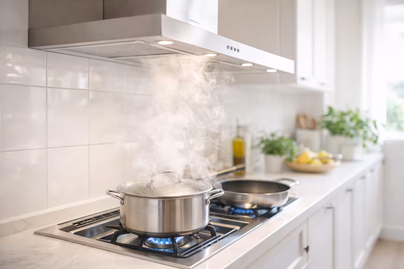 Hotte aspirante en fonctionnement dans une cuisine — solution pour évacuer la vapeur d'eau et réduire l'humidité