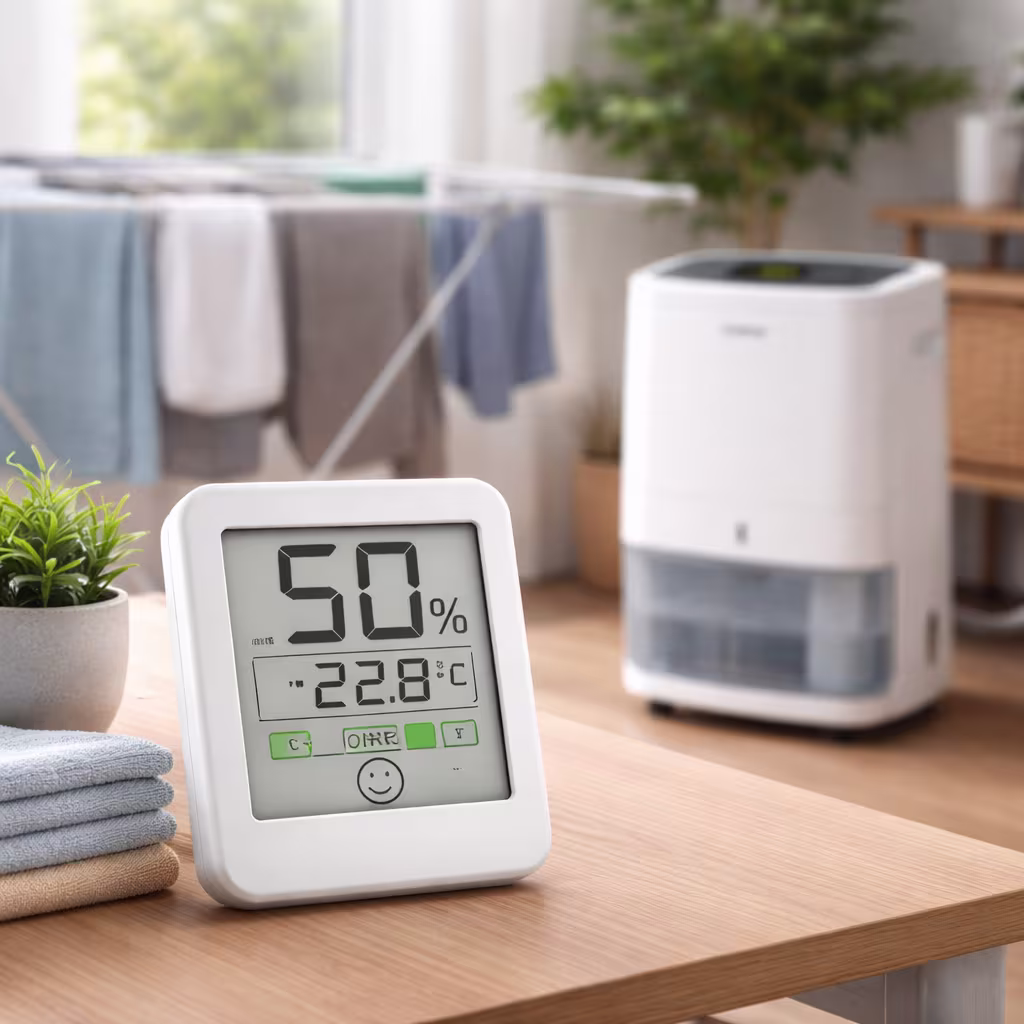 Hygromètre dans un salon affichant 50 % d'humidité — le taux idéal à maintenir pour économiser de l'énergie