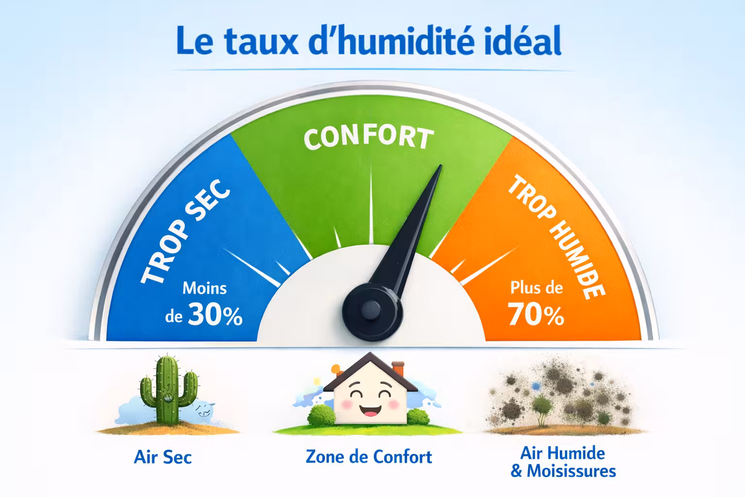 Infographie du taux d'humidité idéal pièce par pièce dans une maison — salon, chambre, cuisine, salle de bain, cave