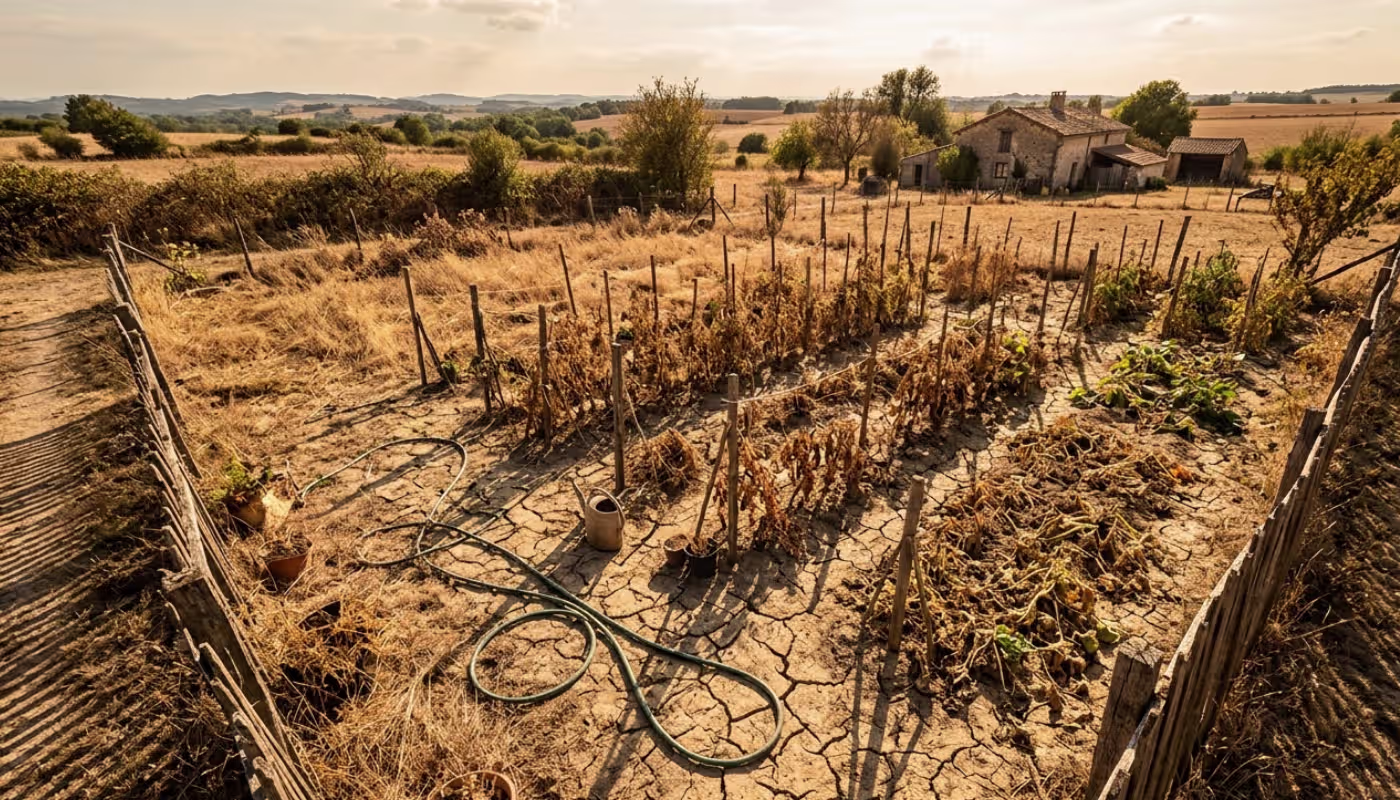 Jardin complètement asséché en période de sécheresse estivale en France