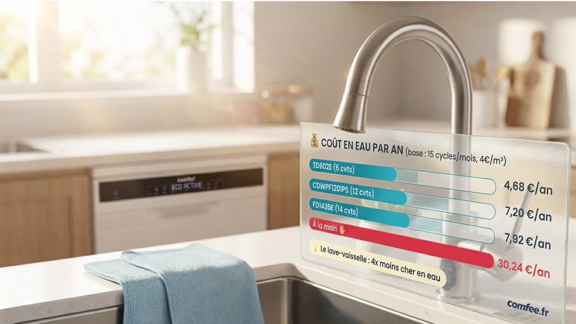 Coût annuel en eau des lave-vaisselle Comfee — de 4,68€ à 7,92€ par an vs 30€ à la main