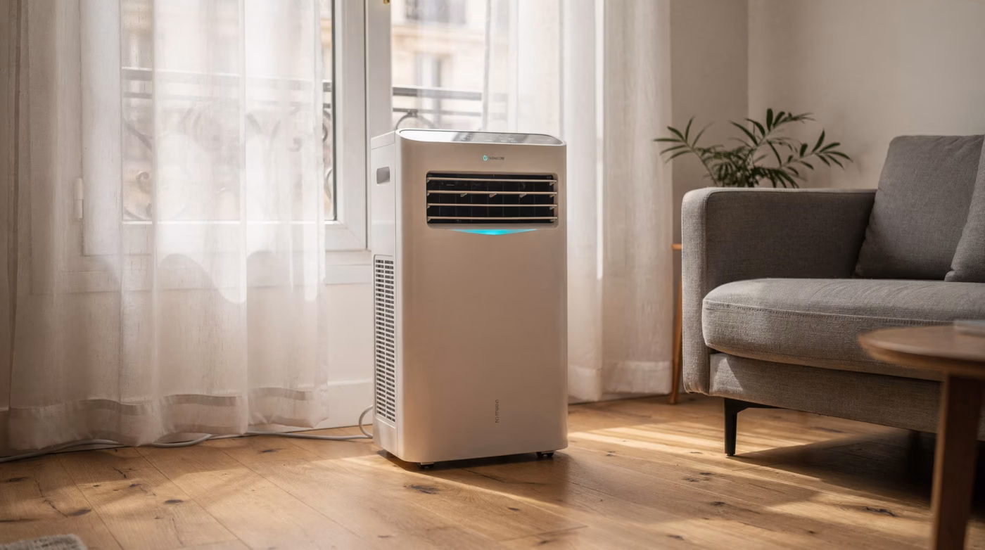 Climatiseur mobile blanc placé près d'une fenêtre dans un salon moderne lumineux