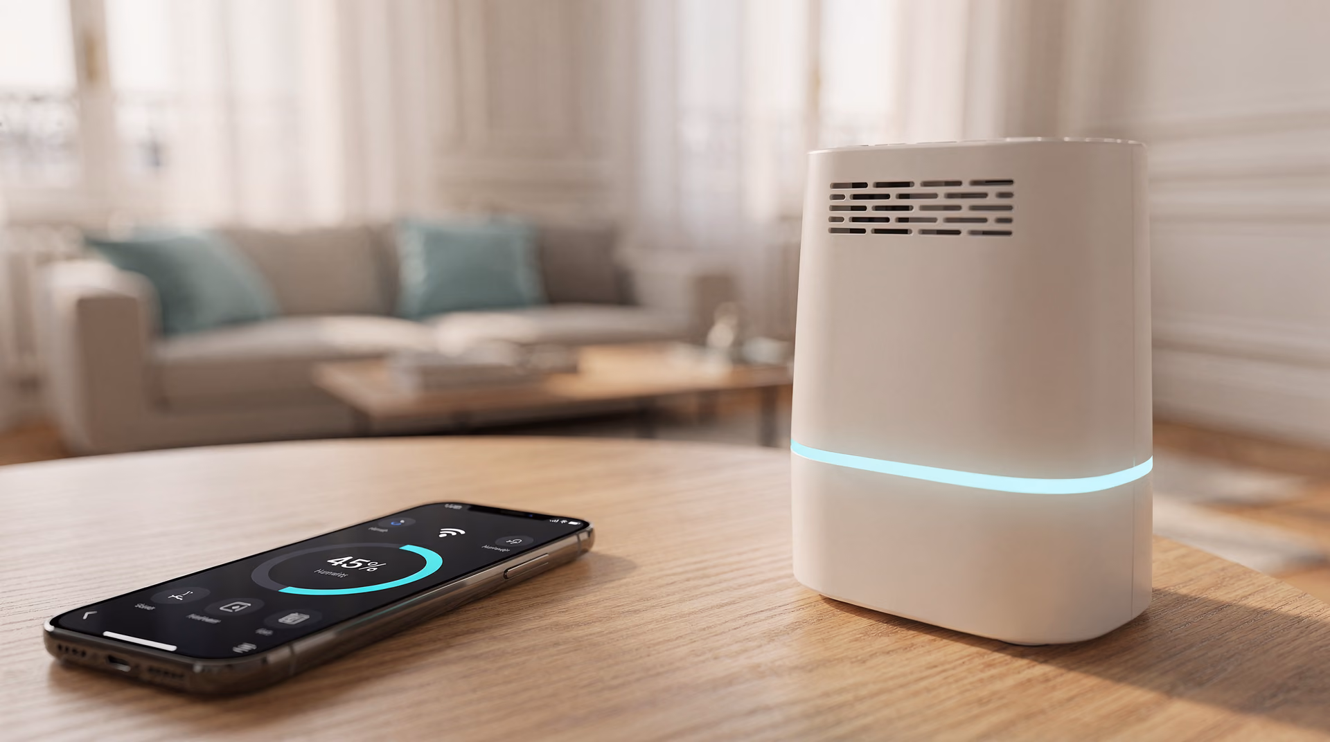 Déshumidificateur Wi-Fi avec smartphone affichant l'application de pilotage à distance
