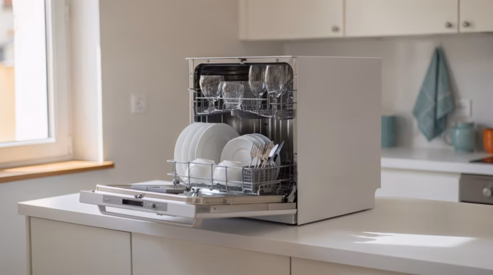 Lave-vaisselle compact 6 couverts posé sur un plan de travail dans une cuisine moderne et lumineuse